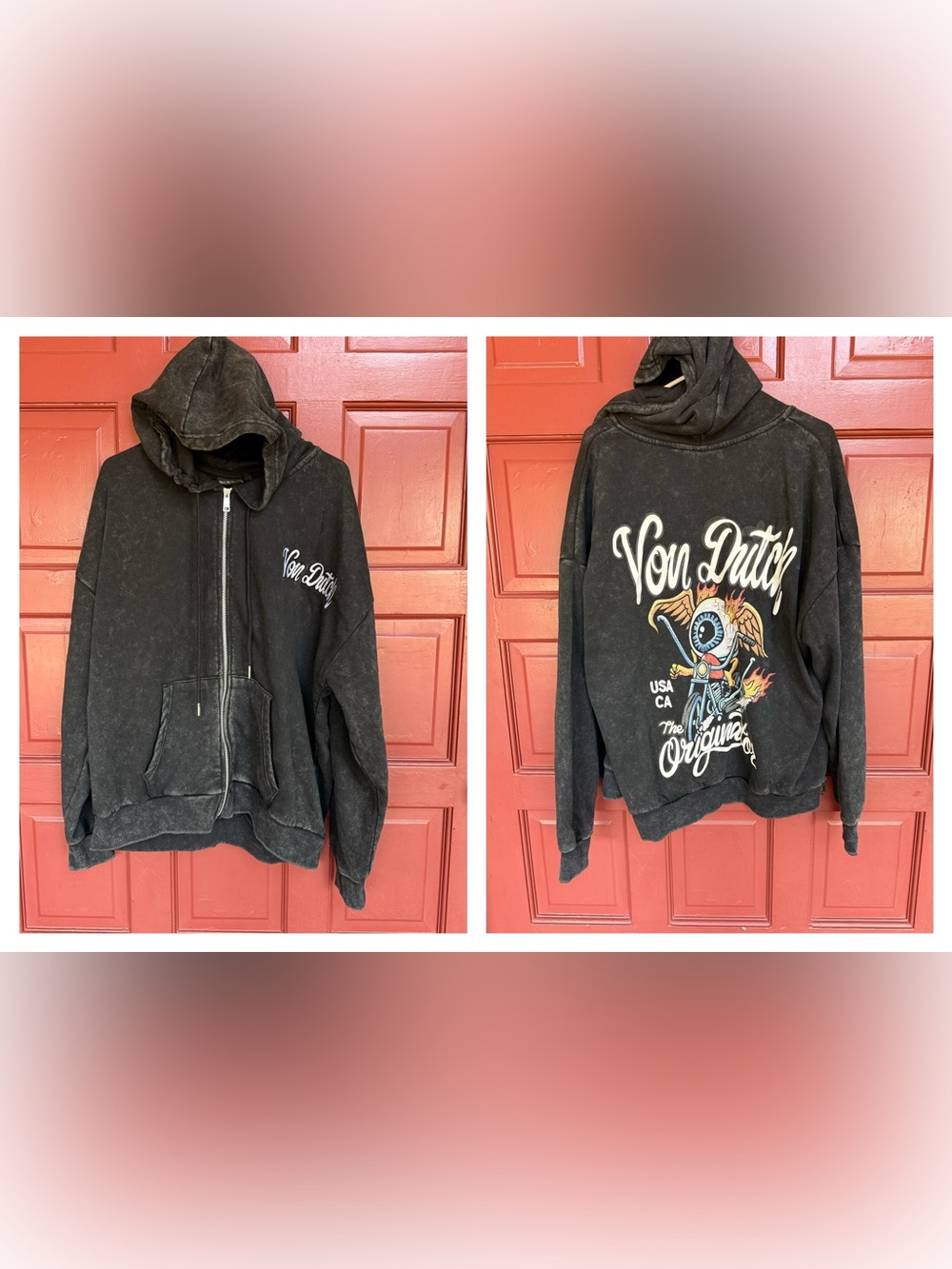 Von Dutch washed black Zip-Up Hoodie with Back Graphic